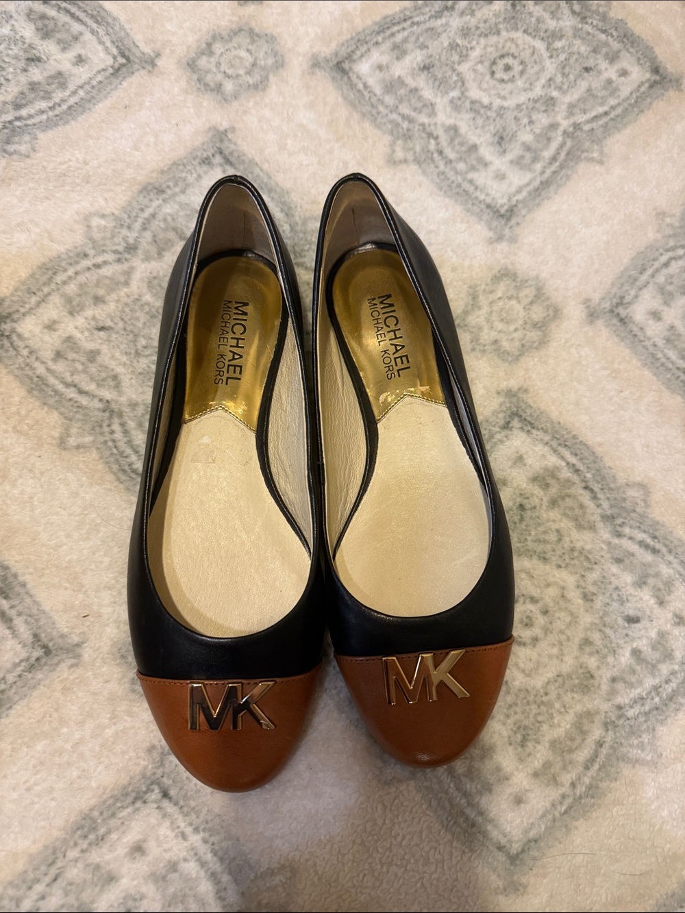 Michael Kors Black and Brown MK Logo Cap Toe Flats with original box